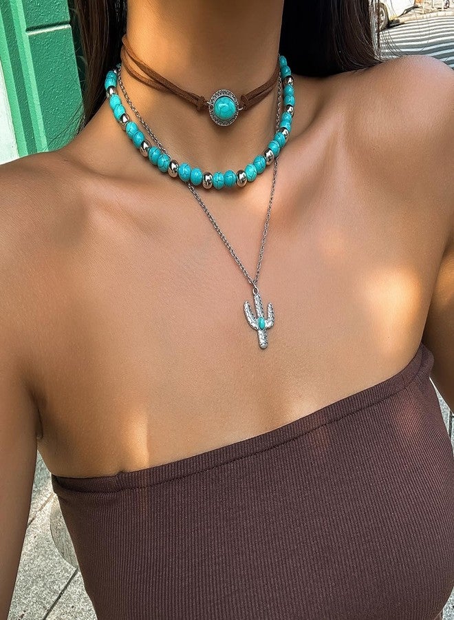 MarveBard Vintage Layered Western Necklace for Women Bohemian Turquoise Beads Western Jewelry Irregular Elliptical Bull Head Cross Boots Cactus Pendant Necklaces Country Concert Outfits Jewelry Accessories (Turquoise Cactus Necklace) - Image 2